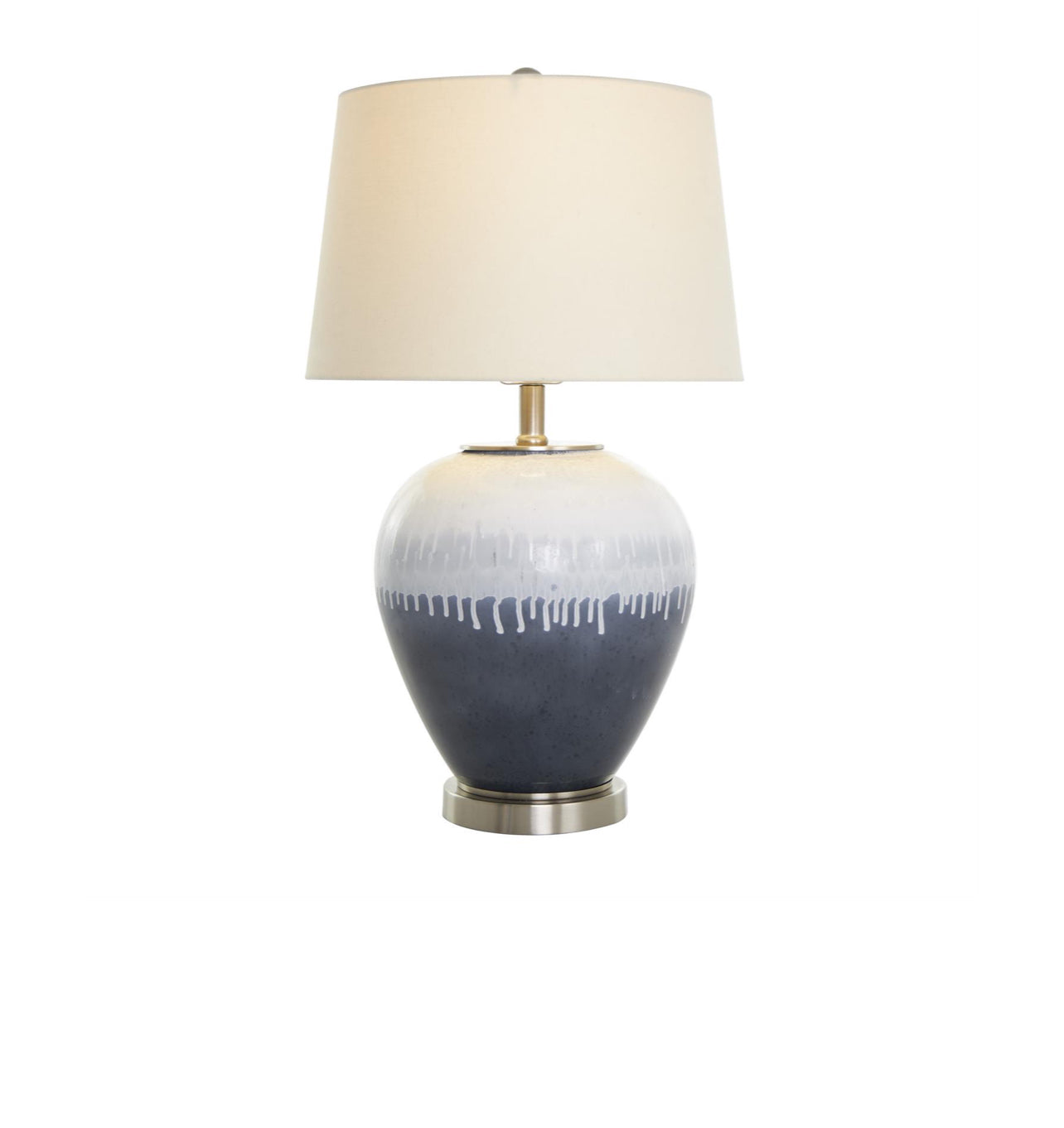 BLUE GLASS COLORBLOCK ABSTRACT DRIP ACCENT LAMP WITH CREAM ACCENT AND SILVER BASE, 14" X 14" X 25"