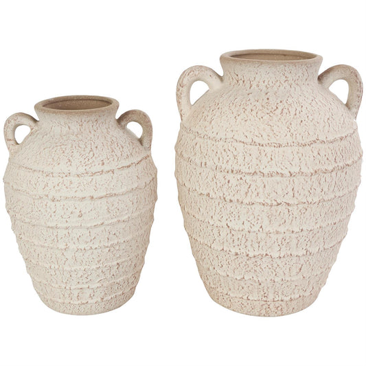 Cream Ceramic Textured Decorative Vase with Handles and Terracotta Accents