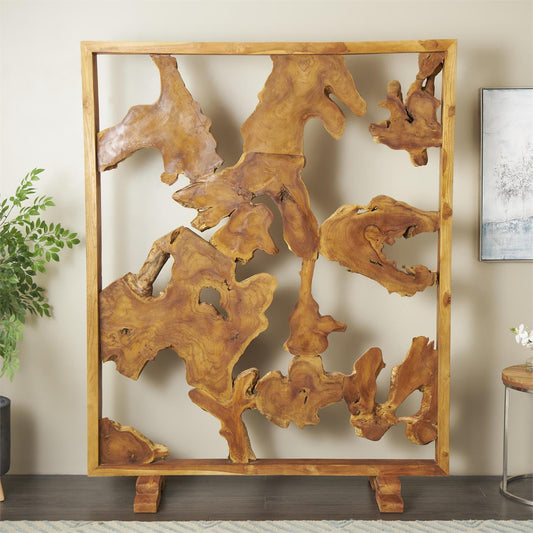 Brown Teak Wood Handmade Tall Live Edge Freestanding Partition Room Divider Screen with Large Tree Trunk Pieces