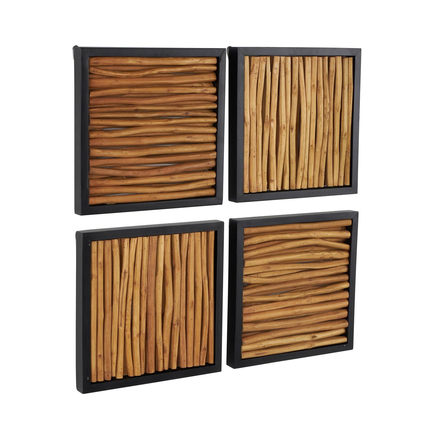Brown Teak Wood Abstract Handmade Home Wall Decor with Horizontal Sticks and Black Frames