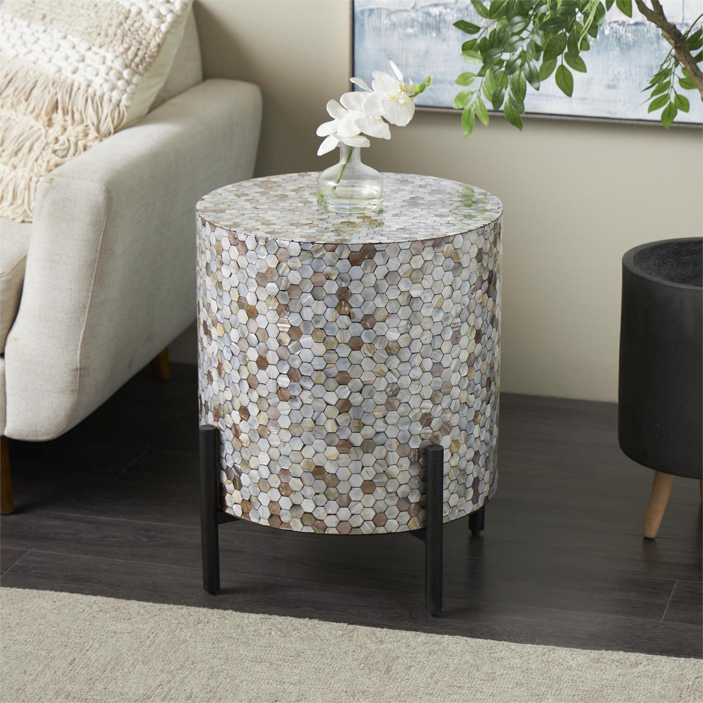 Gray Mother of Pearl Shell Geometric Handmade Mosaic Inlay Living Room Coffee Table with Black Metal Legs