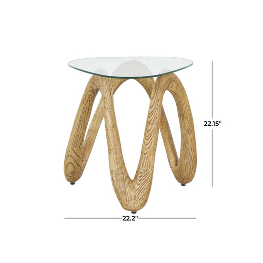 Light Brown Polystone Abstract Wood Grain Inspired Wavy Side End Accent Table with Glass Tabletop