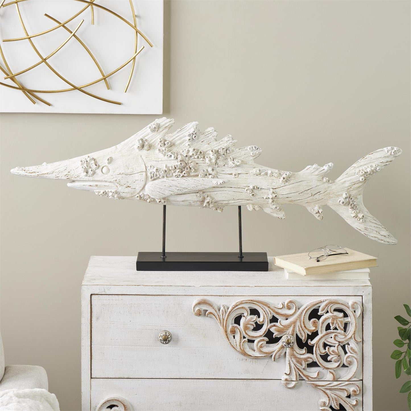 Cream Polystone Textured Decorative Sculpture with Brown Distressing and Black Metal Stand