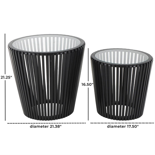 Black Wood Cage Inspired Side End Accent Table with Clear Glass Tabletop