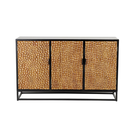 Brown Wooden Handmade Carved Pebbled 3 Door Media Credenza Sideboard with Black Metal Frame