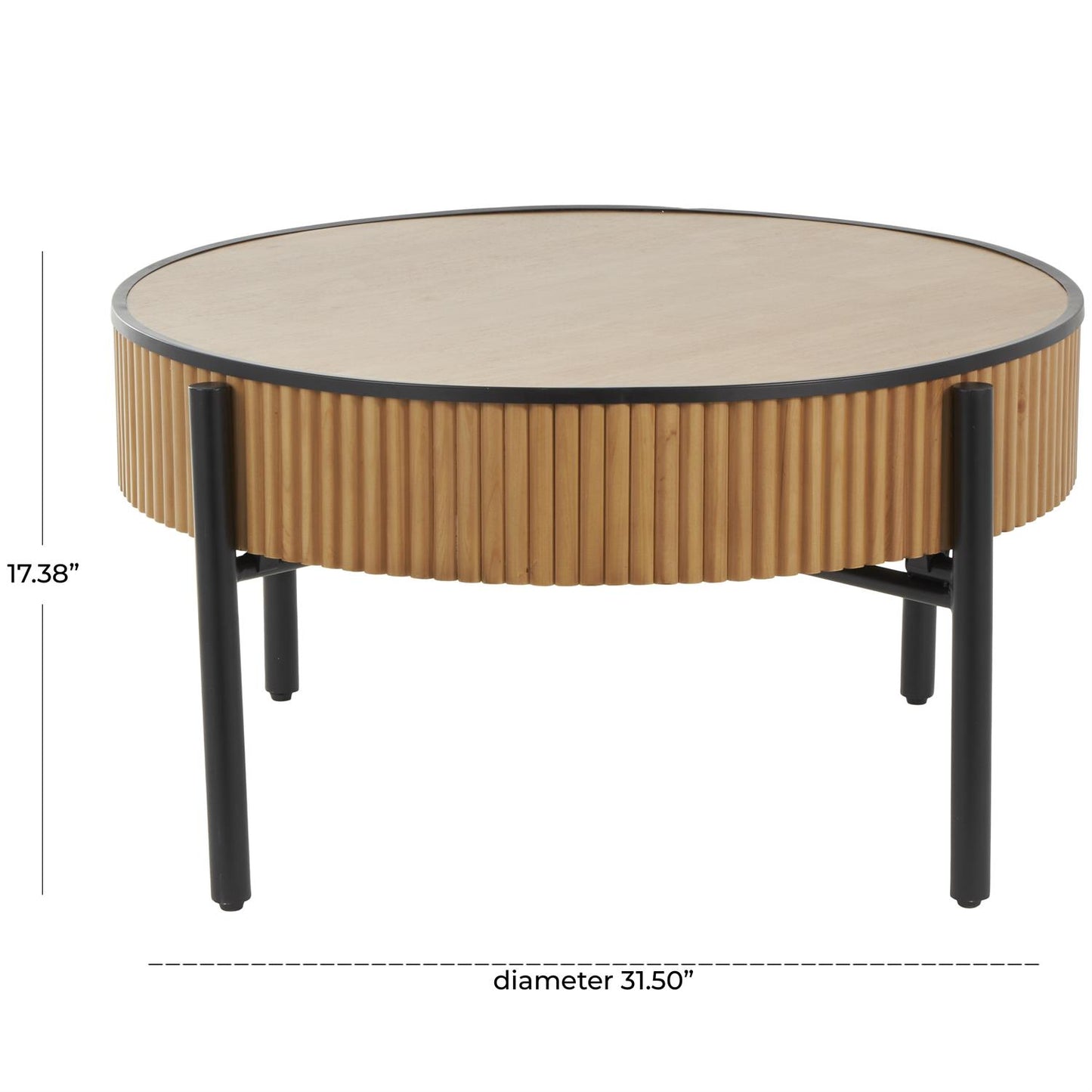 Brown Wood Drum Handmade Slatted Side End Accent Table with Black Metal Legs