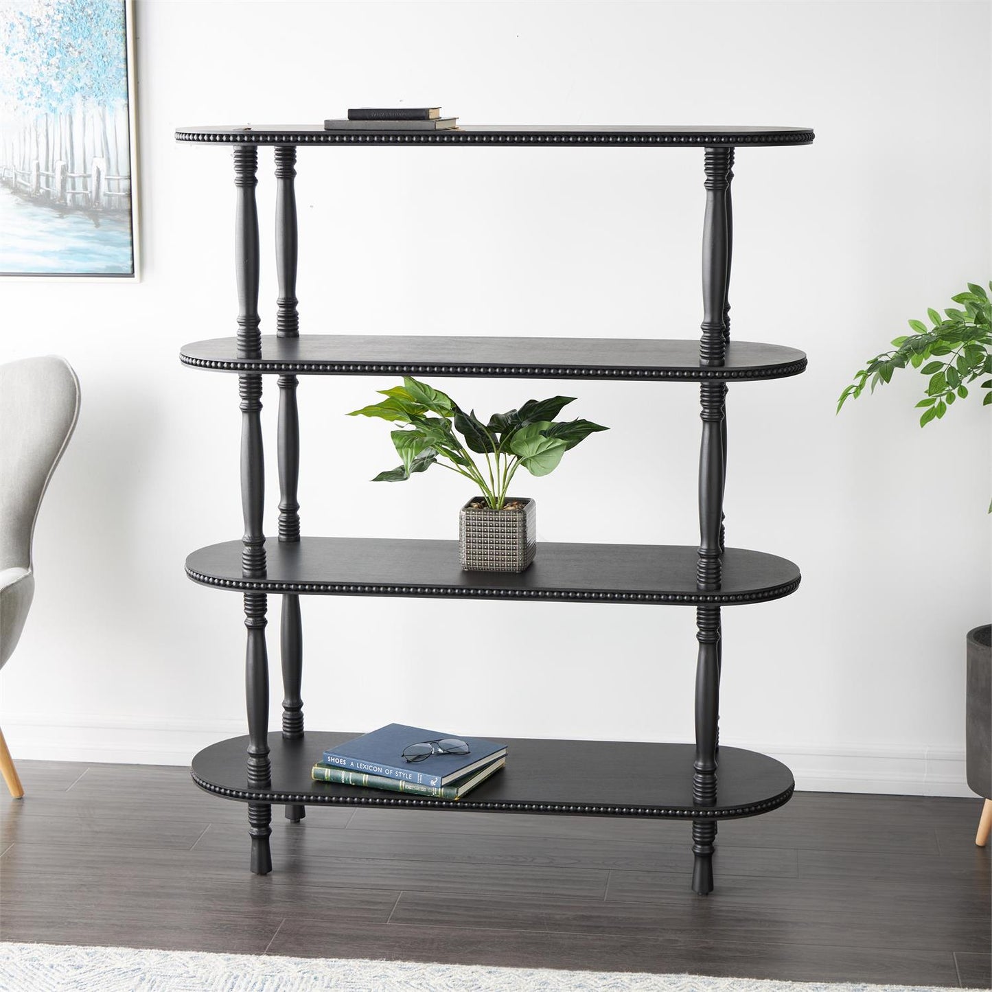 Black Wooden Oval 3 Shelf Storage Shelving Unit with Turned Legs and Beaded Edges