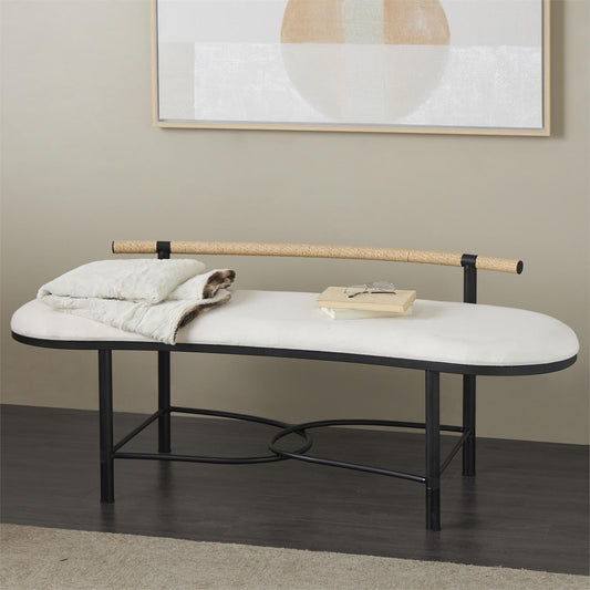 White Fabric Abstract Upholstered Oval Home Bench with Black Metal Frame and Rope Rod Backrest