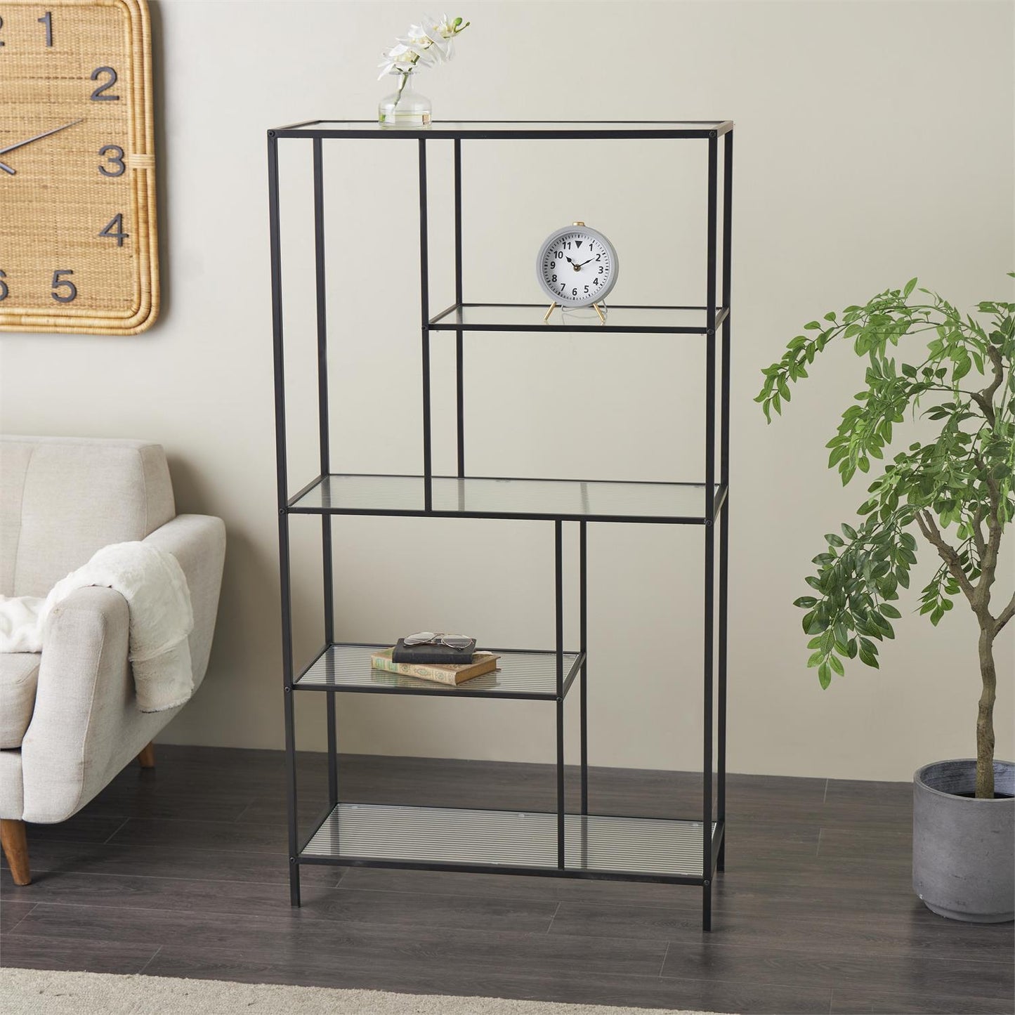 Black Metal Geometric 4 Shelf Living Room Console Table with Clear Glass Shelves