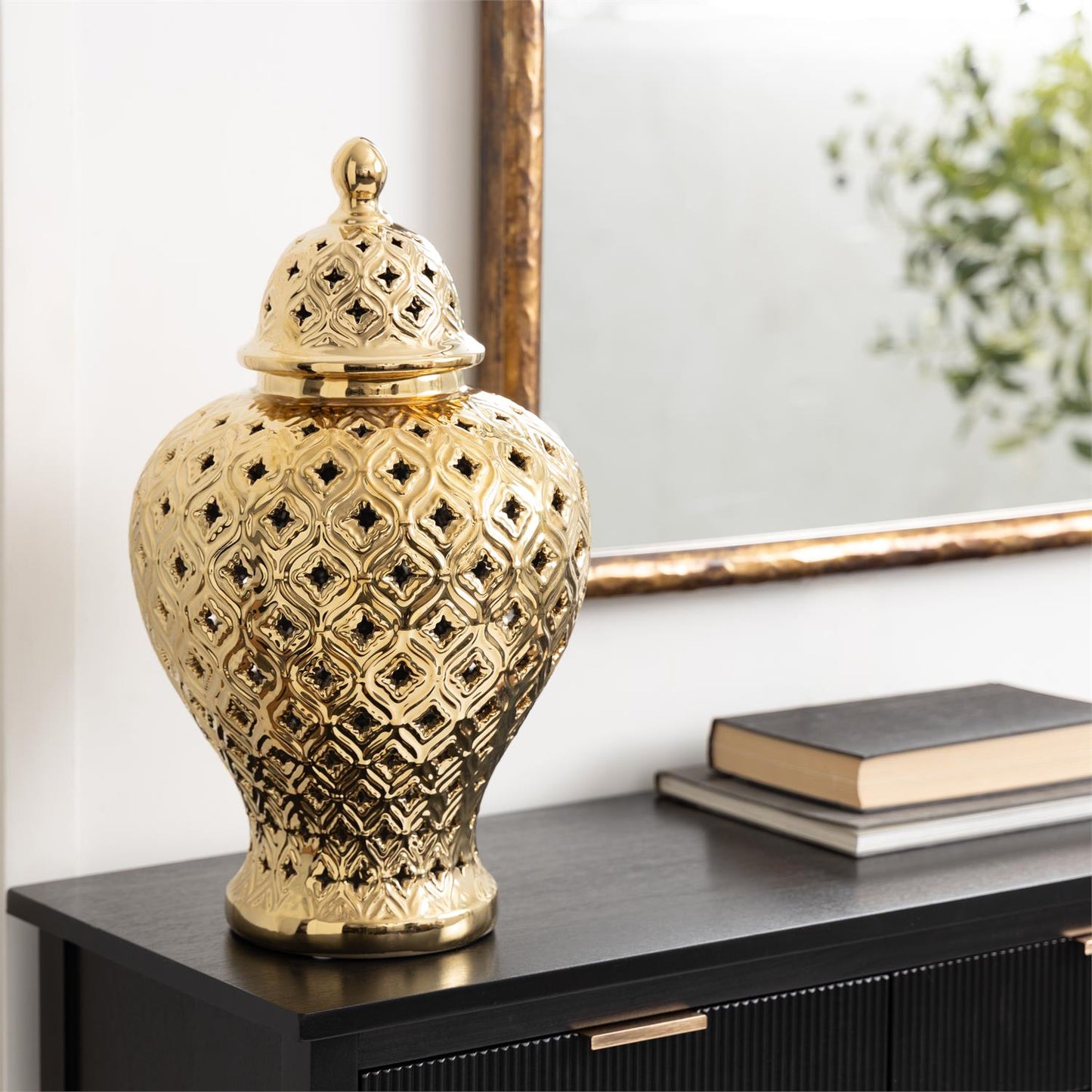 Gold Ceramic Living Room Decorative Jars with Geometric Cutout Design and Lid