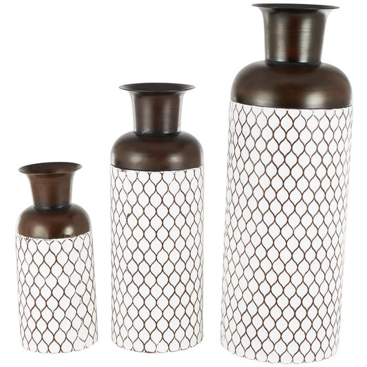 White Metal Tall Teardrop Shaped Decorative Vase with Brown Trumpet Tops