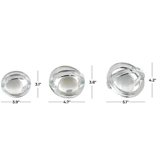 Clear Glass Geometric Orb Decorative Sculpture with Overlapping Rings and Ball Center, Set of 3