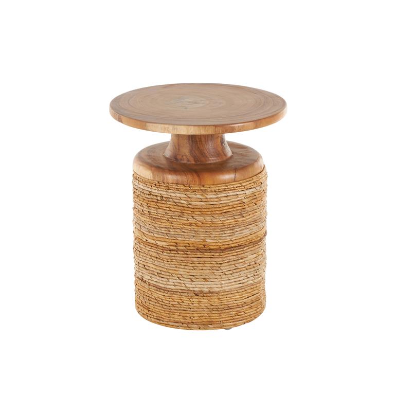 Brown Banana Leaf Handmade Woven Side End Accent Table with Wooden Tabletop
