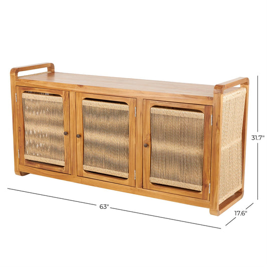 Brown Teak Wood Handmade 3 Door Room Cabinet with Rattan Front and Sides
