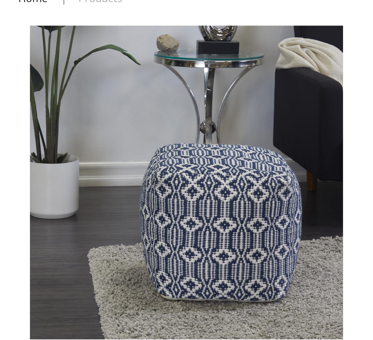 BLUE POLYESTER POUF WITH DIAMOND PATTERN, 21" X 21" X 19"