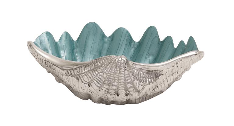 Teal Aluminum Metal Shell Shell Decorative Serving Bowl with Enamel Interior
