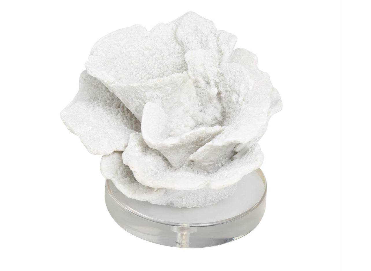 WHITE POLYSTONE CORAL SMALL TEXTURED SCULPTURE WITH CLEAR ACRYLIC BASE, 6" X 5" X 4"