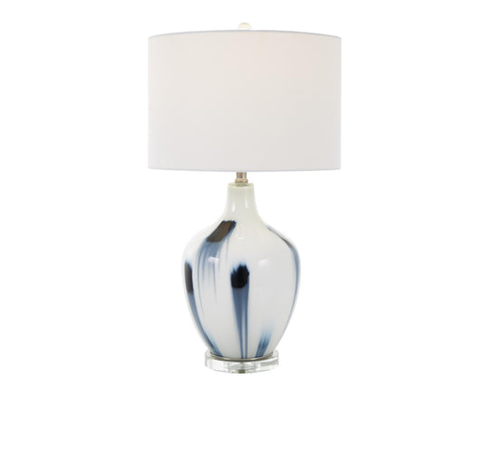 WHITE GLASS ABSTRACT ACCENT LAMP WITH BLUE DRIP SPLATTER DESIGN, 15" X 15" X 27"