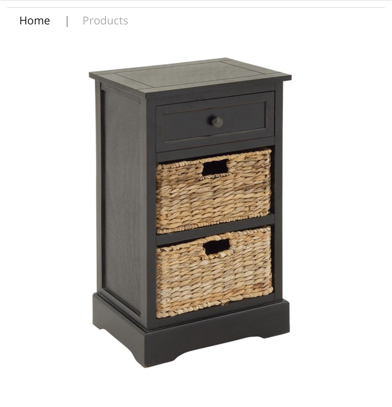 BLACK WOOD 2 BASKETS AND 1 DRAWER STORAGE UNIT, 16" X 13" X 28"