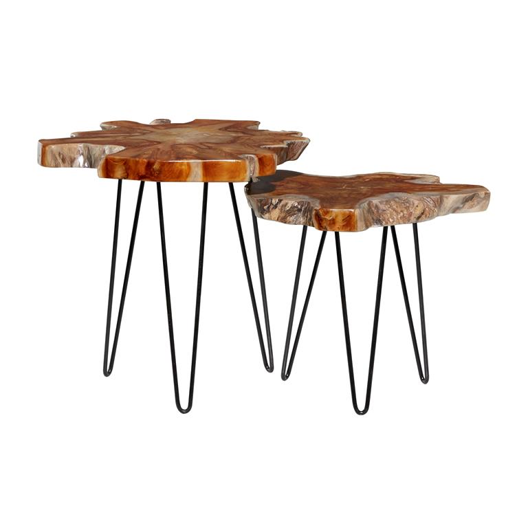 Brown Teak Wood Live Edge Top Side End Accent Table with Black Metal Hairpin Legs