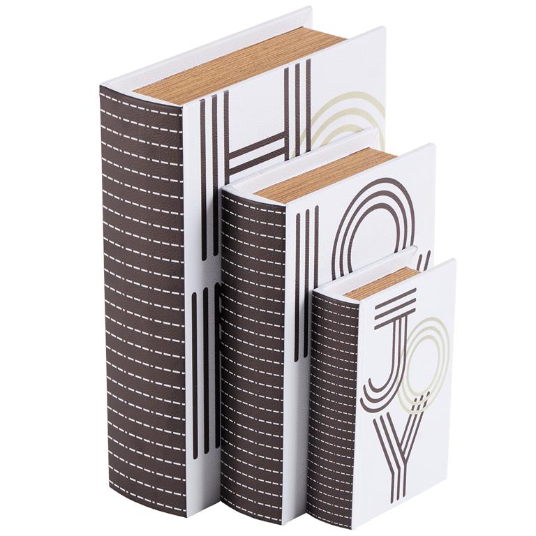 White Faux Leather "Home", "Love", "Joy" Faux Book Storage Decorative Box with Black Striped Spine and Gold Accents