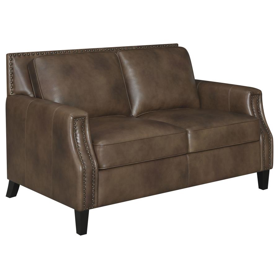 Leaton Recessed Arms Genuine Leather Living Room Set Brown Sugar