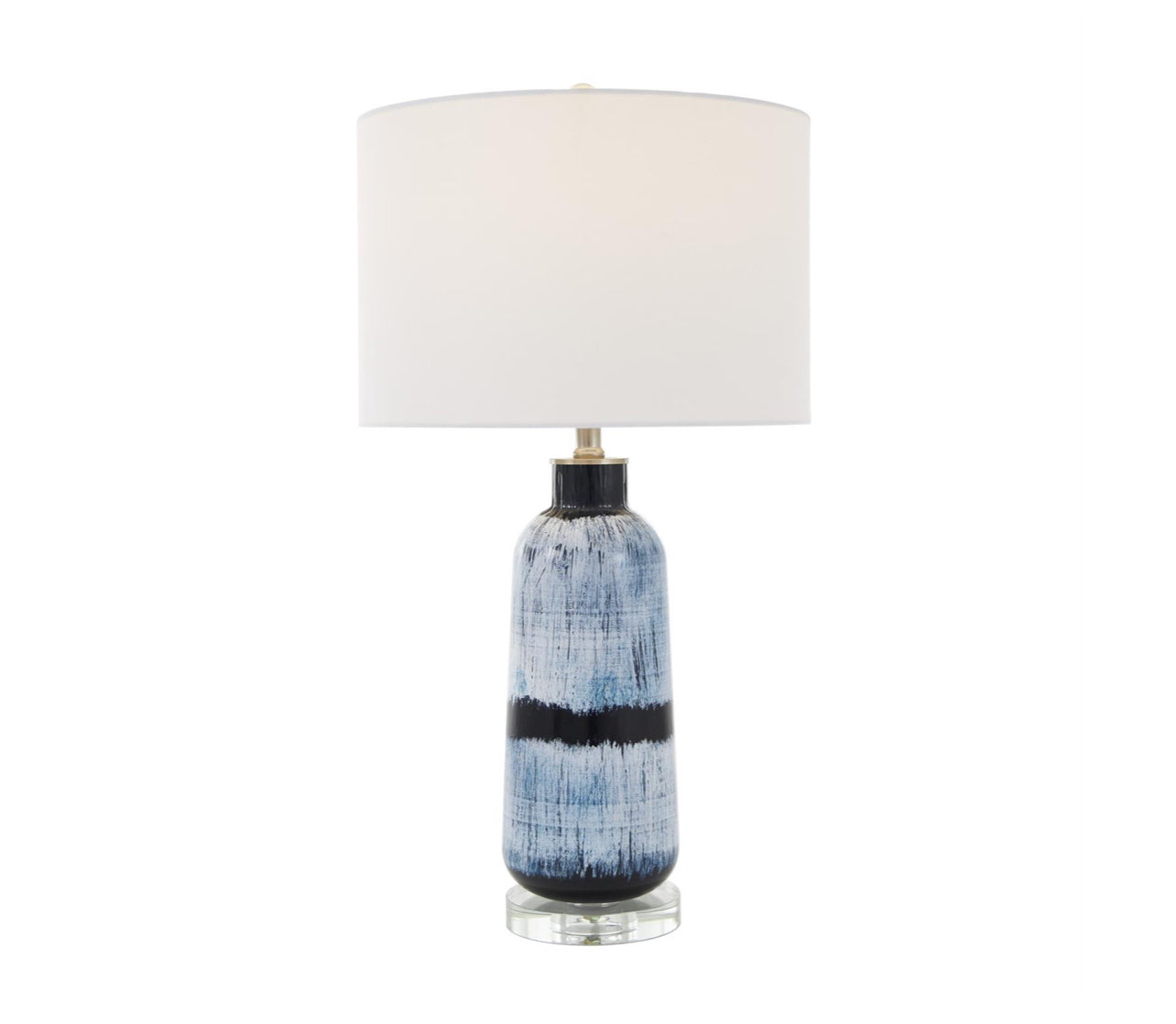 BLUE GLASS ABSTRACT BRUSHED ACCENT LAMP WITH GLASS BASE, 14" X 14" X 27"
