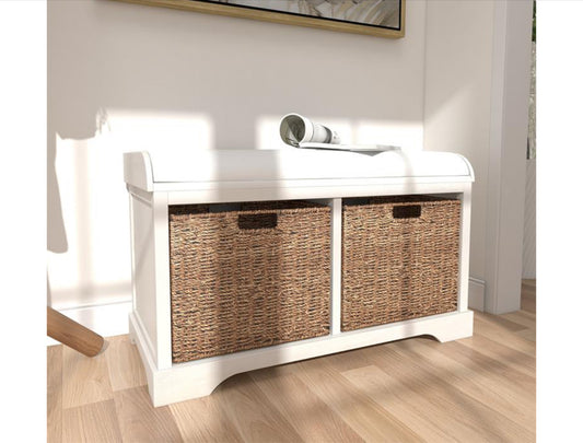 WHITE WOODEN 2 BASKETS STORAGE BENCH WITH CUSHION SEAT, 34" X 16" X 20"