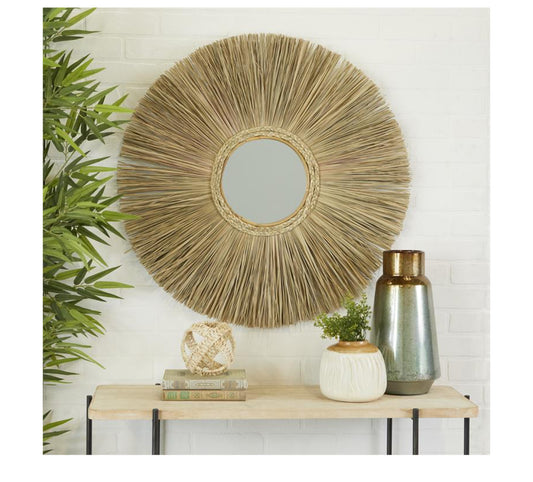 BROWN WOOD STARBURST WALL MIRROR, 32" X 2" X 32"