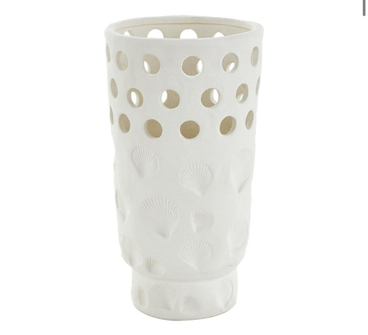 WHITE CERAMIC SHELL VASE WITH CIRCULAR CUTOUTS, 7" X 7" X 13