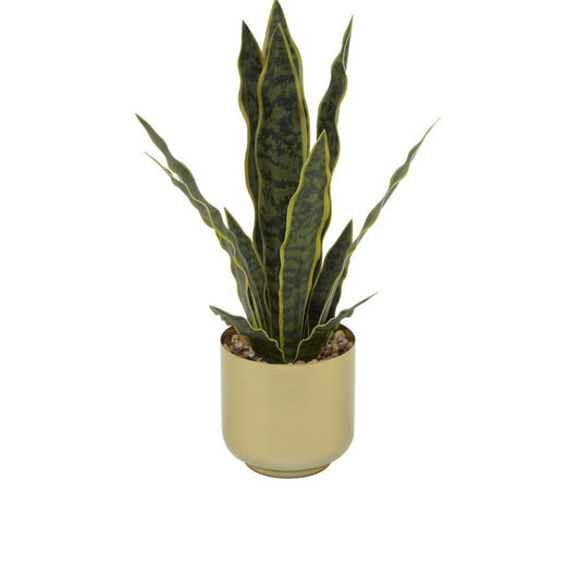 GREEN FAUX FOLIAGE SNAKE ARTIFICIAL PLANT WITH GOLD PORCELAIN POT, 13" X 11" X 20"