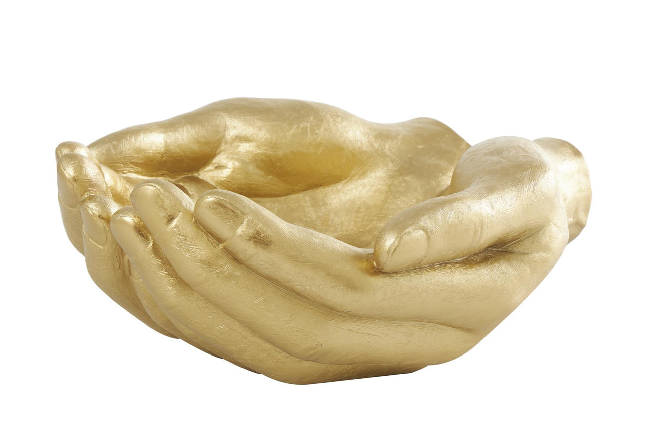GOLD POLYSTONE HANDS OPEN SCULPTURE, 15" X 16" X 7"
