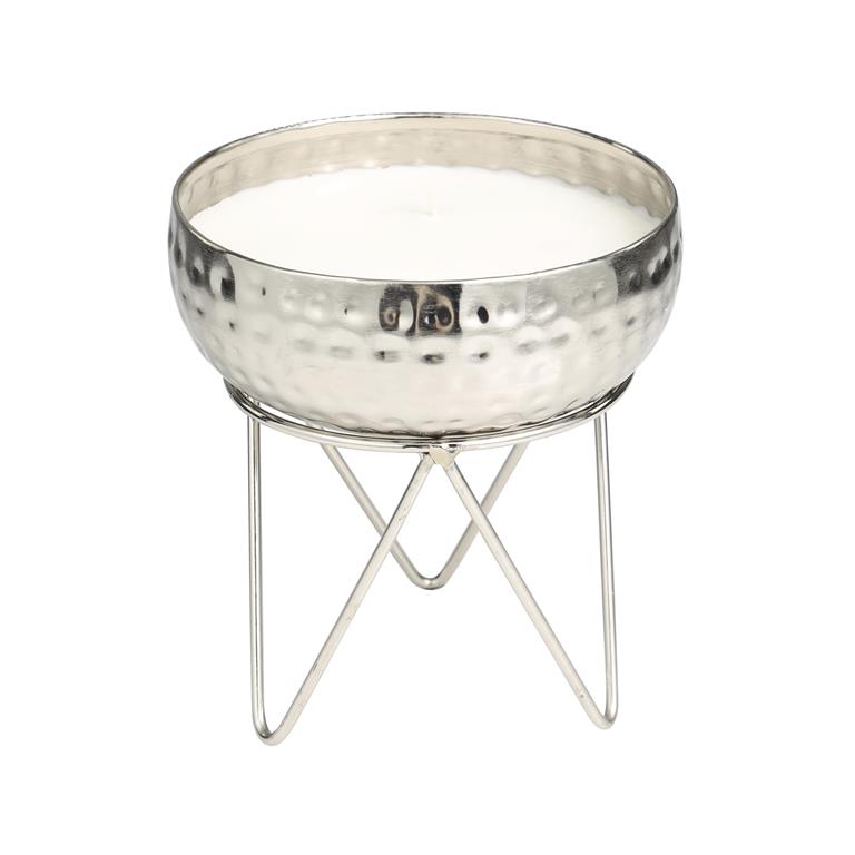 MTL WAX CANDLE BOWL W/ STAND SLV 7"W, 8"H