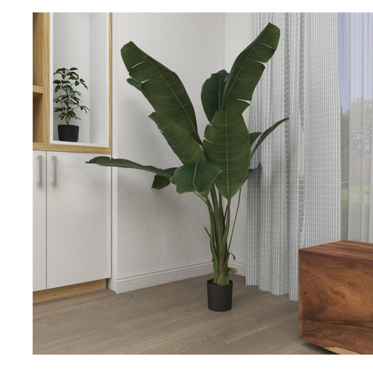 GREEN FAUX FOLIAGE BIRD OF PARADISE ARTIFICIAL TREE WITH REALISTIC LEAVES AND BLACK PLASTIC POT, 47" X 39" X 70"