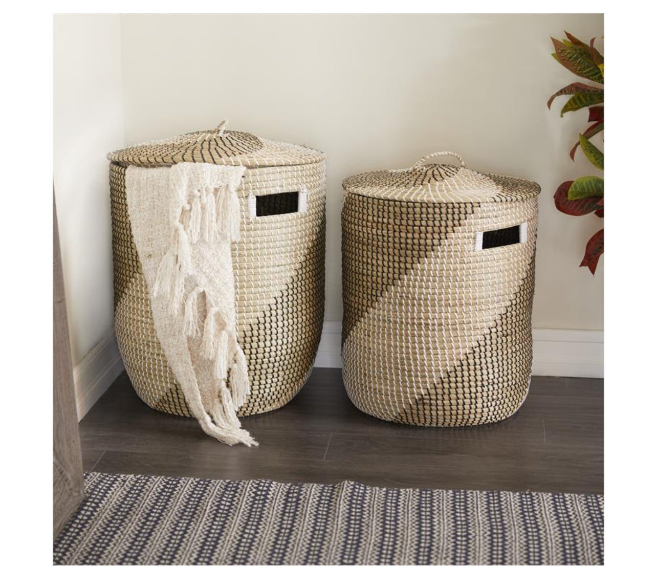 BROWN SEAGRASS HANDMADE TWO TONED STORAGE BASKET WITH MATCHING LIDS