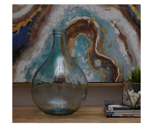 BLUE RECYCLED GLASS SPANISH VASE, 11" X 11" X 17"