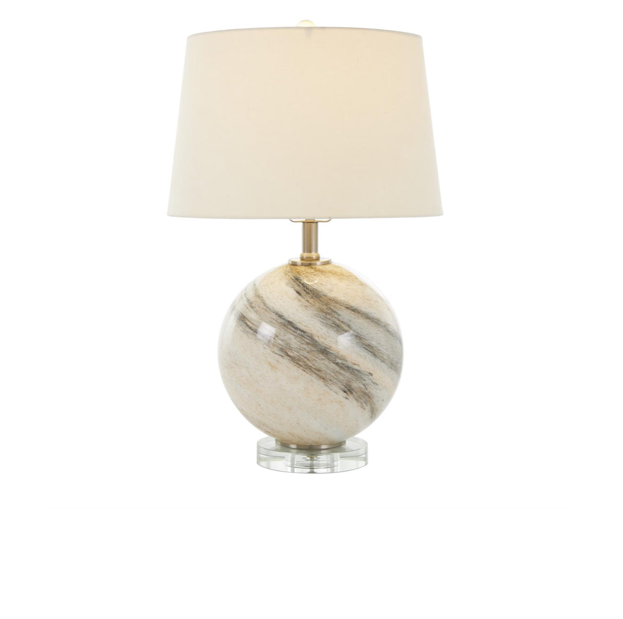 BEIGE GLASS ROUND ACCENT LAMP WITH MARBLE INSPIRED DESIGN AND GOLD ACCENTS, 14" X 14" X 23"