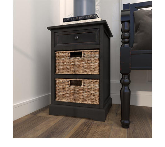 BLACK WOOD 2 BASKETS AND 1 DRAWER STORAGE UNIT, 16" X 13" X 28"