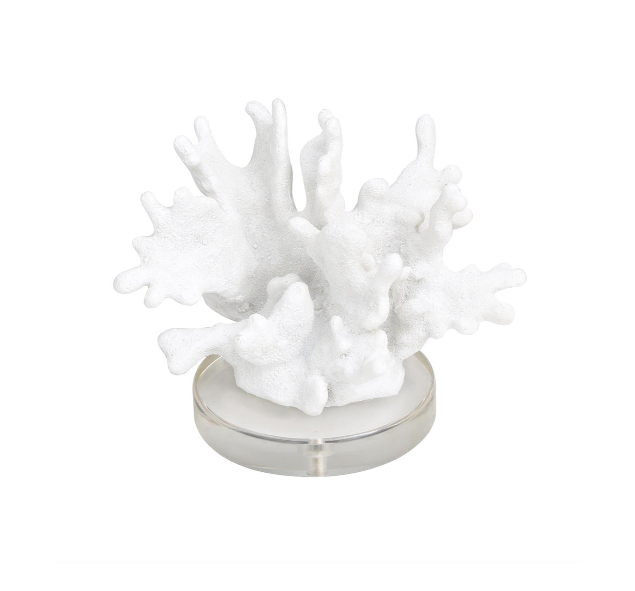 WHITE POLYSTONE CORAL SMALL TEXTURED SCULPTURE WITH CLEAR ACRYLIC BASE, 6" X 4" X 5"