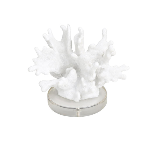 WHITE POLYSTONE CORAL SMALL TEXTURED SCULPTURE WITH CLEAR ACRYLIC BASE, 6" X 4" X 5"