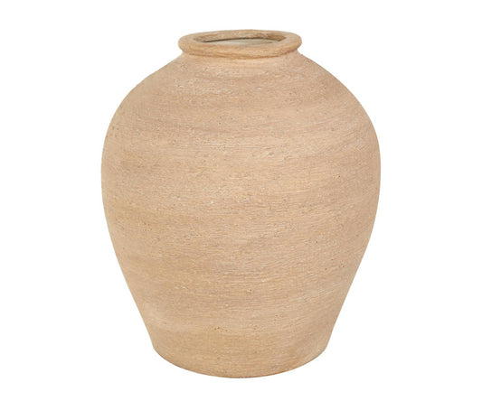 BEIGE PORCELAIN WIDE TEXTURED VASE, 9" X 10" X 11"
