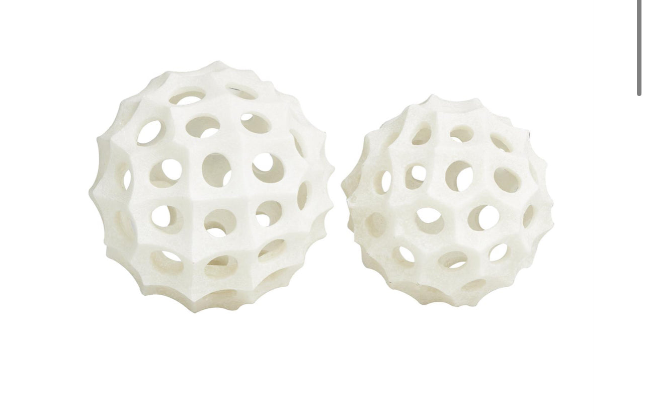 CREAM POLYSTONE ABSTRACT DECORATIVE BALL ORBS & VASE FILLER, SET OF 2 5", 4"D