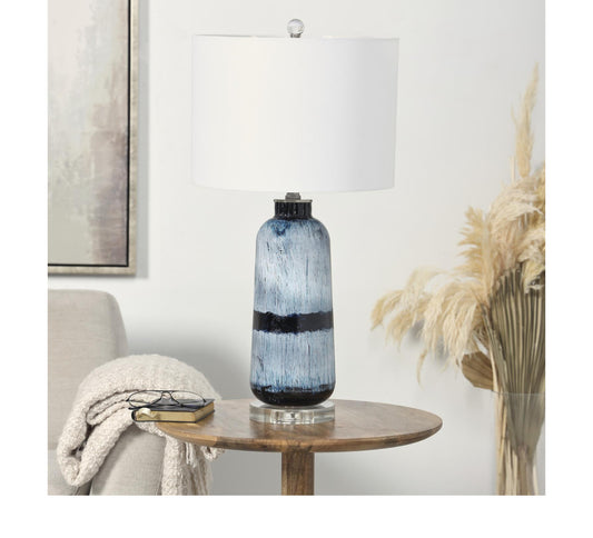 BLUE GLASS ABSTRACT BRUSHED ACCENT LAMP WITH GLASS BASE, 14" X 14" X 27"