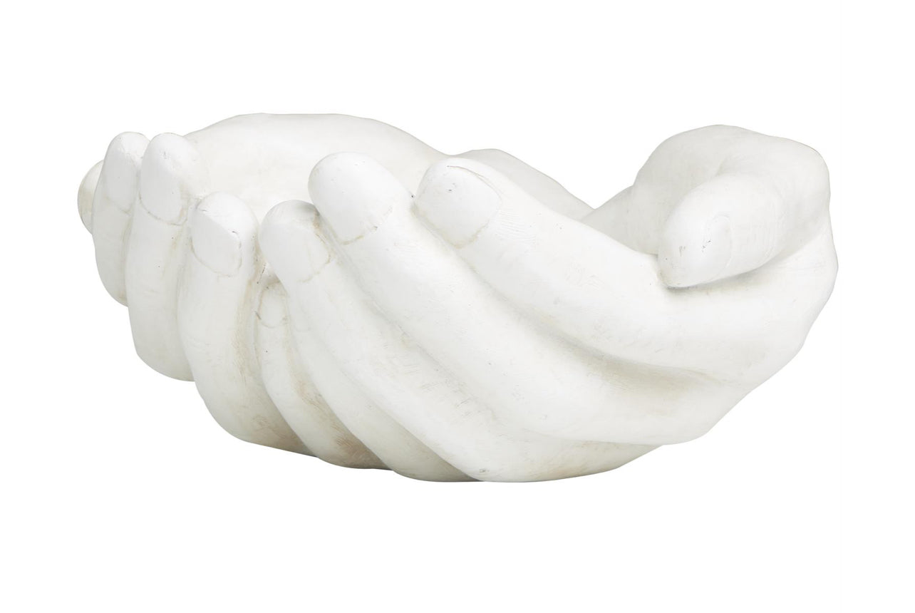 WHITE POLYSTONE HANDS OPEN SCULPTURE, 15" X 16" X 7"