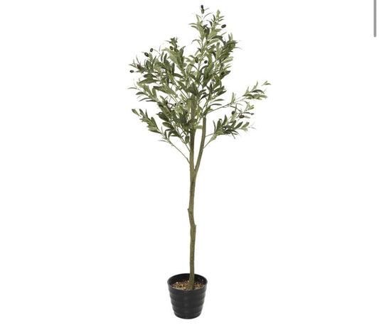 GREEN FAUX FOLIAGE OLIVE ARTIFICIAL TREE WITH REALISTIC LEAVES AND BLACK MELAMINE POT, 28" X 20" X 59"