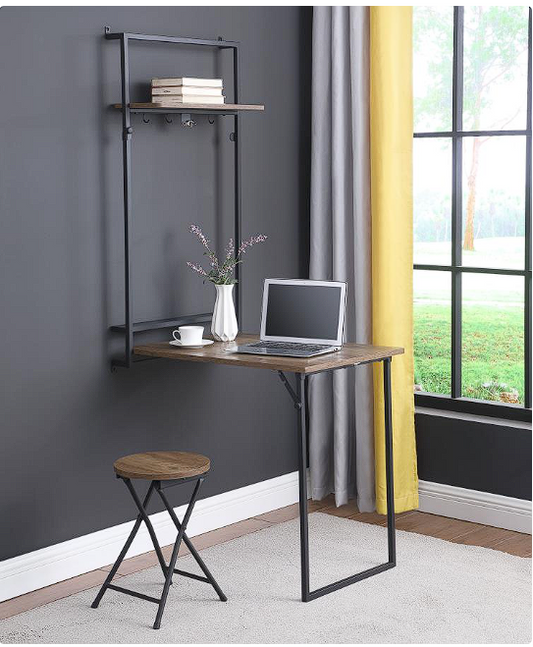 Riley Foldable Wall Desk with Stool Rustic Oak and Sandy Black