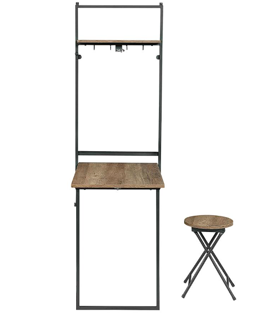 Riley Foldable Wall Desk with Stool Rustic Oak and Sandy Black