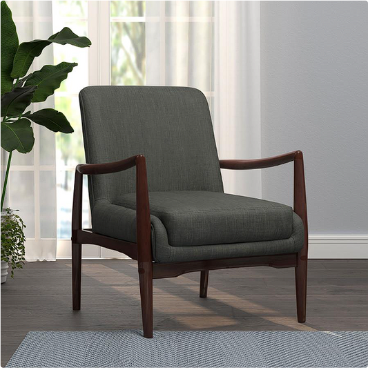 Upholstered Accent Chair with Wooden Arm Dark Grey and Brown