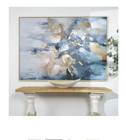 BLUE CANVAS ABSTRACT WATERCOLOR BLOTCH FRAMED WALL ART WITH GOLD FOIL ACCENTS,
