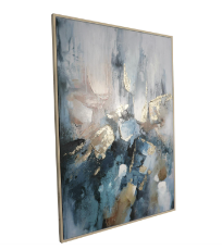 BLUE CANVAS ABSTRACT WATERCOLOR BLOTCH FRAMED WALL ART WITH GOLD FOIL ACCENTS,